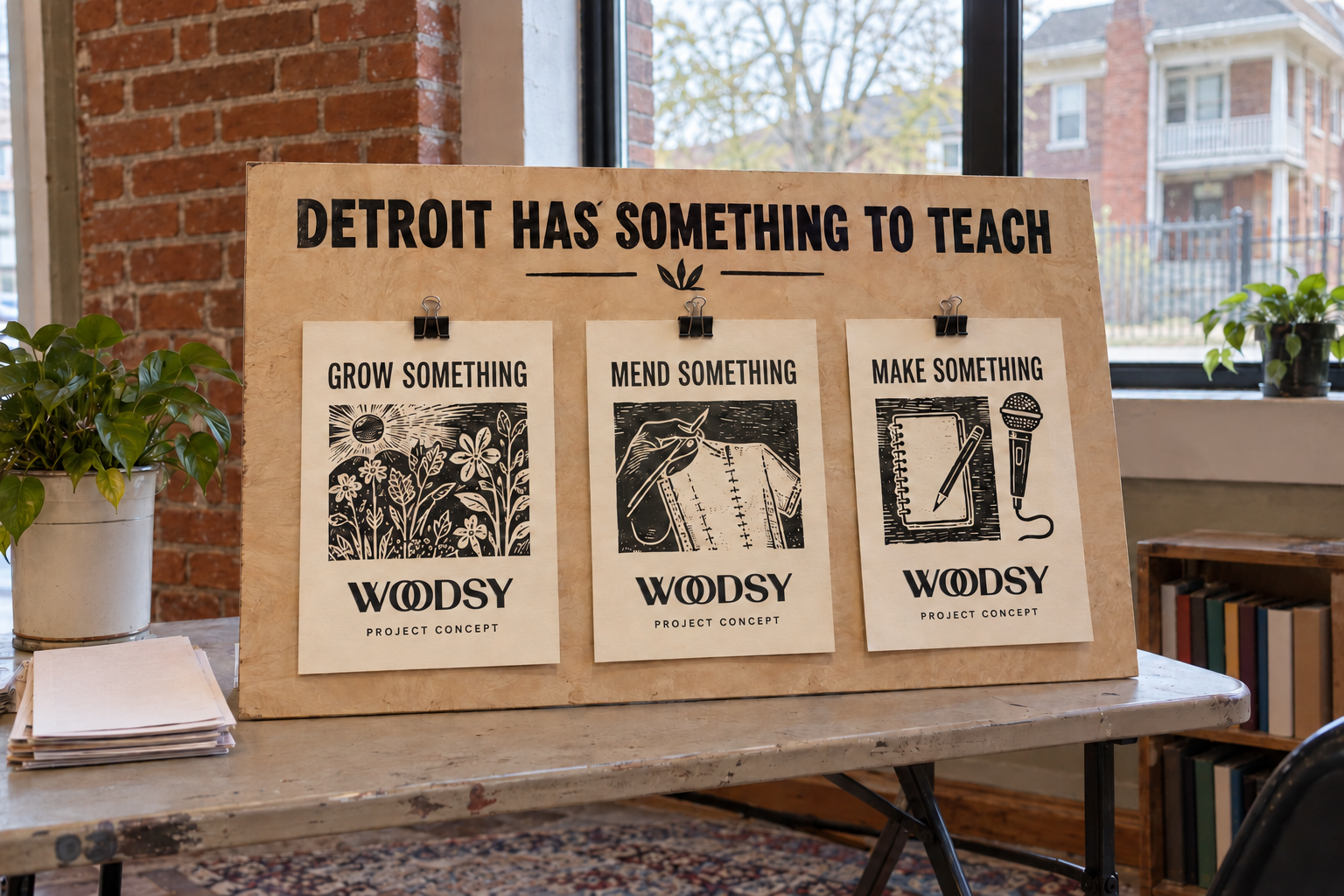 Concept of a portable exhibit with illustrated cards titled Grow Something, Mend Something, and Make Something